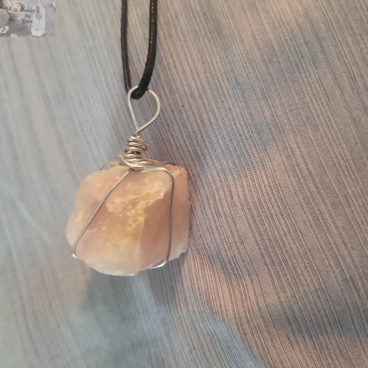 Rose Quartz Pendant Necklace with Stainless Steel Wrap