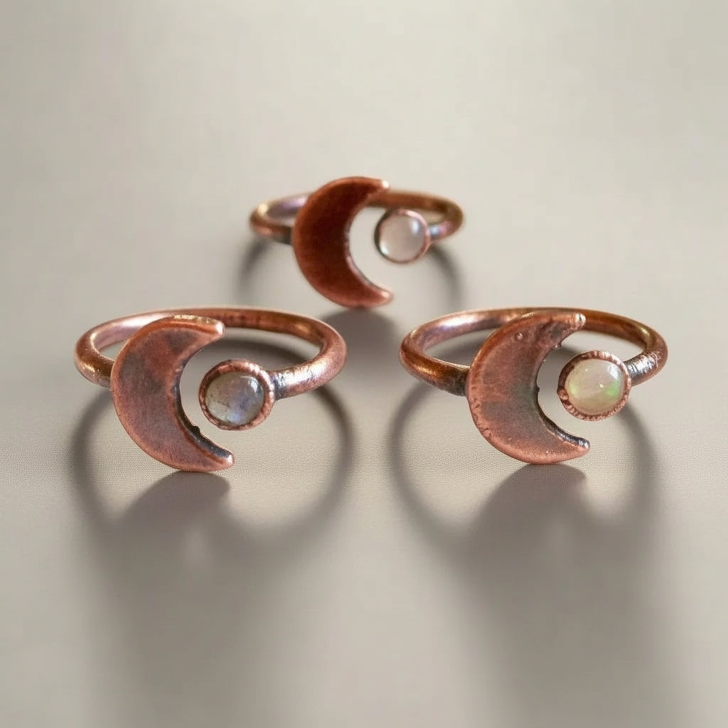 Crescent Moon Opal Ring — Handcrafted Copper Talisman For Emotional Balance