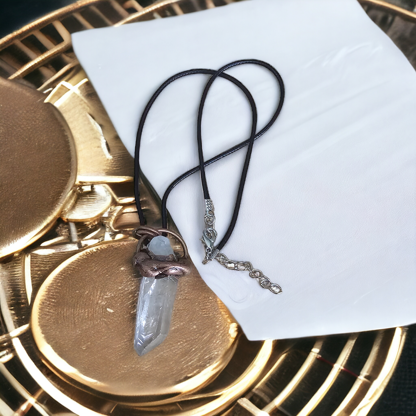 Quartz in Copper Necklace with Leather Cord