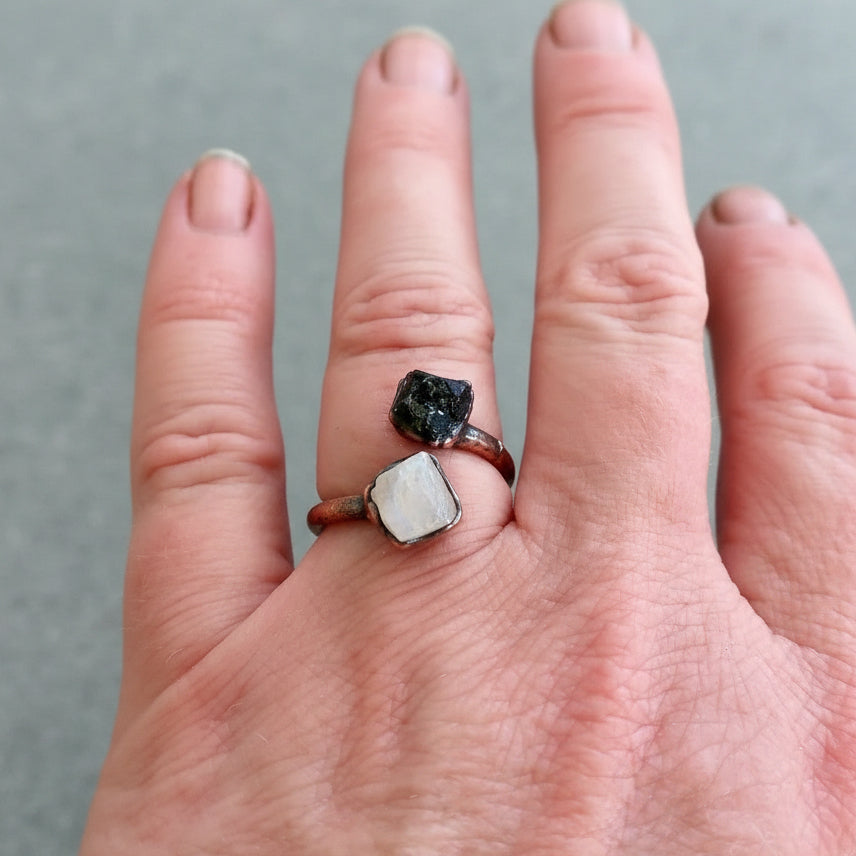 Moonstone and Black Tourmaline Ring - Handcrafted Copper Talisman Jewelry