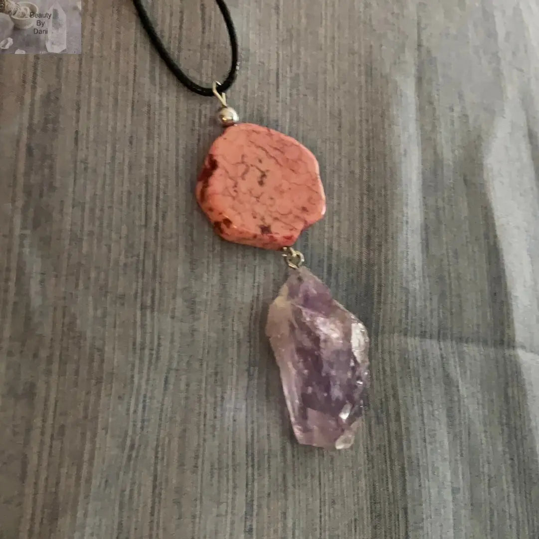 Amethyst and Jasper Pendant Necklace on Leather Cord