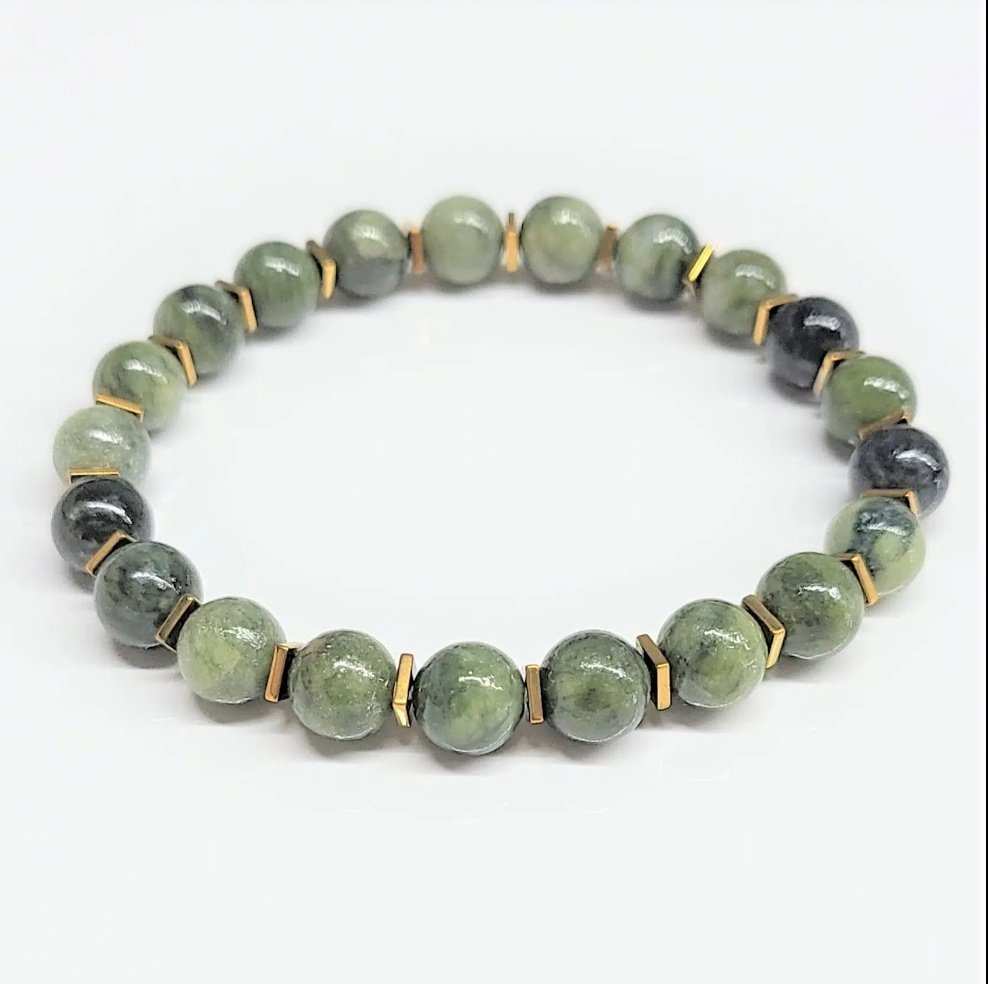 Jade with Gold Spacer Round Bead Bracelet 8mm - Serene Abundance-