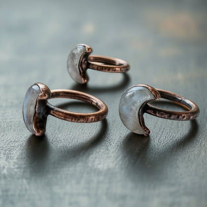 Kunzite Crystal Crescent Moon Shard Ring — Handcrafted Copper Talisman