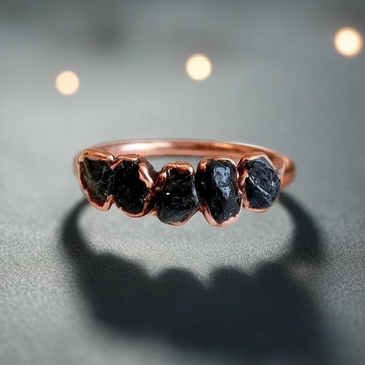 Black Tourmaline Multistone Ring — Handcrafted Copper Talisman for Grounding