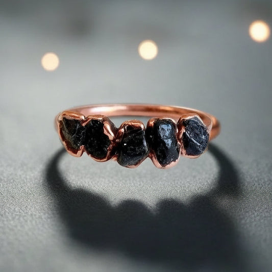 Black Tourmaline Multistone Ring — Handcrafted Copper Talisman for Grounding