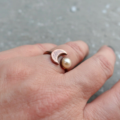 Crescent Moon Pearl Ring — Handcrafted Copper Crystal Jewelry for Calm