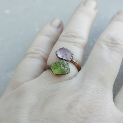 Peridot and Amethyst Ring Handcrafted Copper Talisman For Renewal