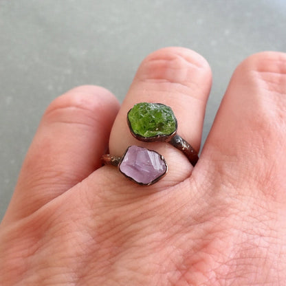 Peridot and Amethyst Ring Handcrafted Copper Talisman For Renewal