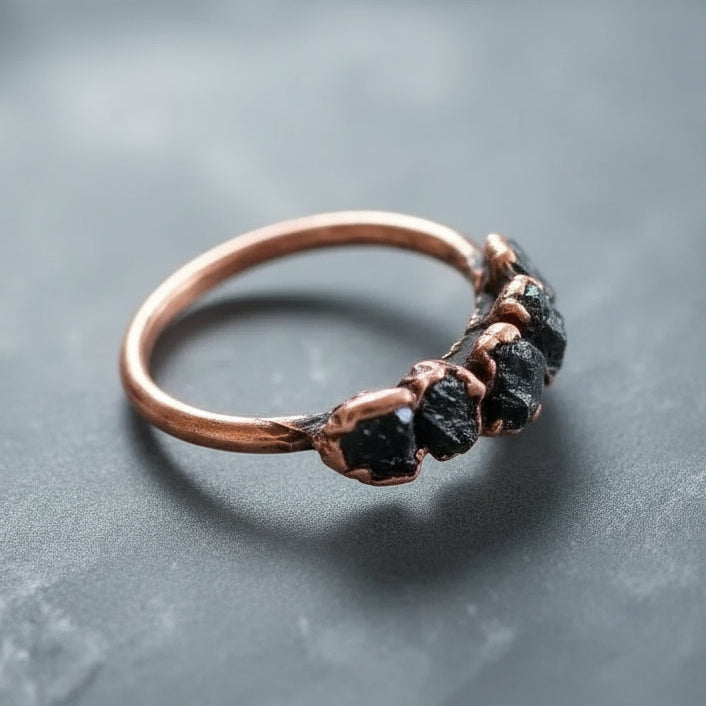 Black Tourmaline Multistone Ring — Handcrafted Copper Talisman for Grounding