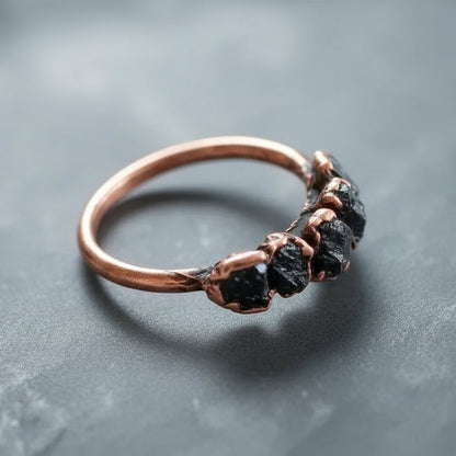 Black Tourmaline Multistone Ring — Handcrafted Copper Talisman for Grounding