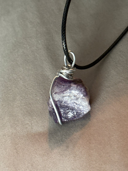 Amethyst Gemstone Necklace with Stainless Steel and Leather