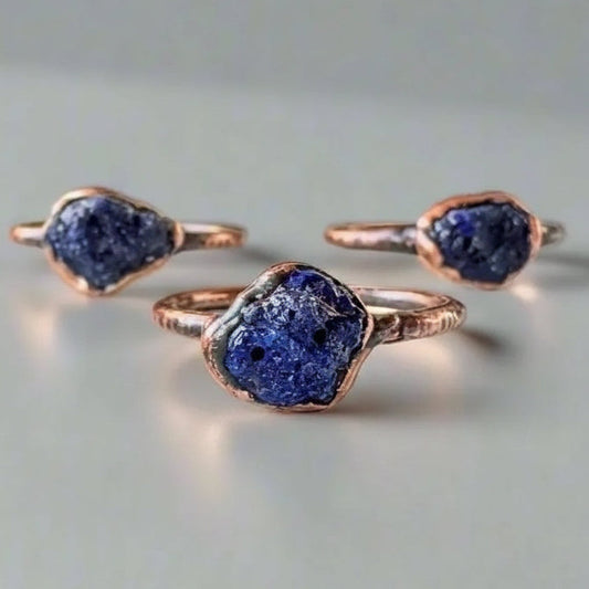 Raw Azurite Ring - Handcrafted Copper Talisman Jewelry for Daily Intuition