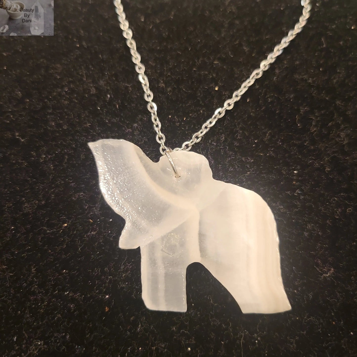 Selenite Elephant Necklace - 1 Inch Pendant on 18 Inch Chain