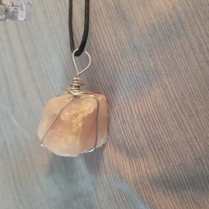 Rose Quartz Pendant Necklace with Stainless Steel Wrap