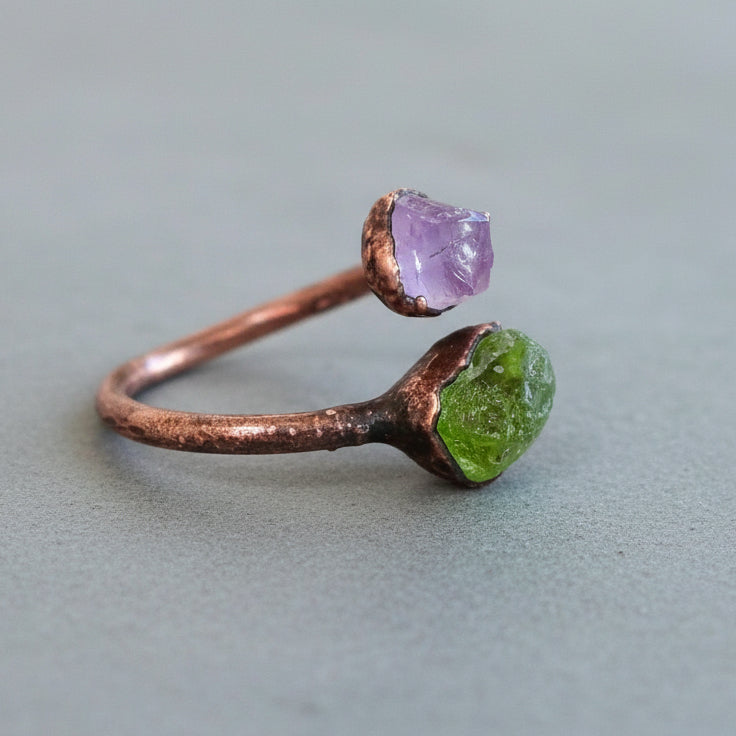 Peridot and Amethyst Ring Handcrafted Copper Talisman For Renewal