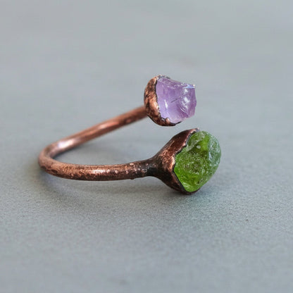 Peridot and Amethyst Ring Handcrafted Copper Talisman For Renewal
