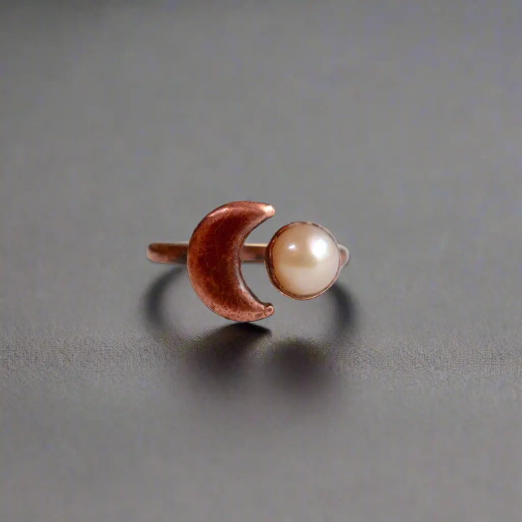 Crescent Moon Pearl Ring — Handcrafted Copper Crystal Jewelry for Calm
