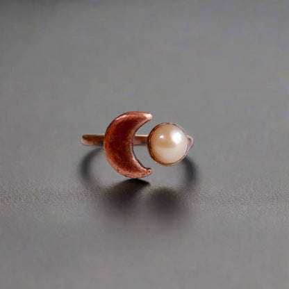 Crescent Moon Pearl Ring — Handcrafted Copper Crystal Jewelry for Calm