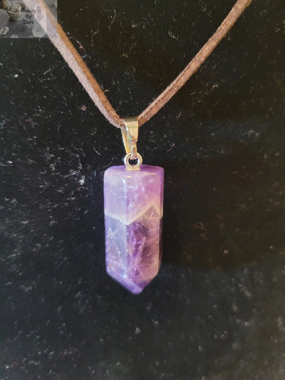 Amethyst Necklace with Stainless Steel and Leather Cord