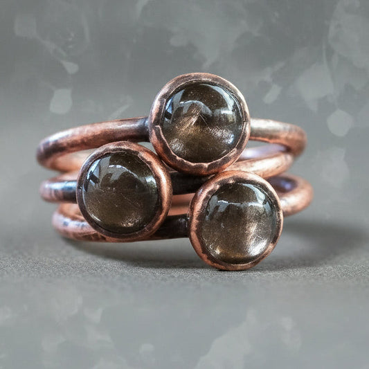 Black Moonstone Ring — Handcrafted Polished Copper Talisman for Intuition
