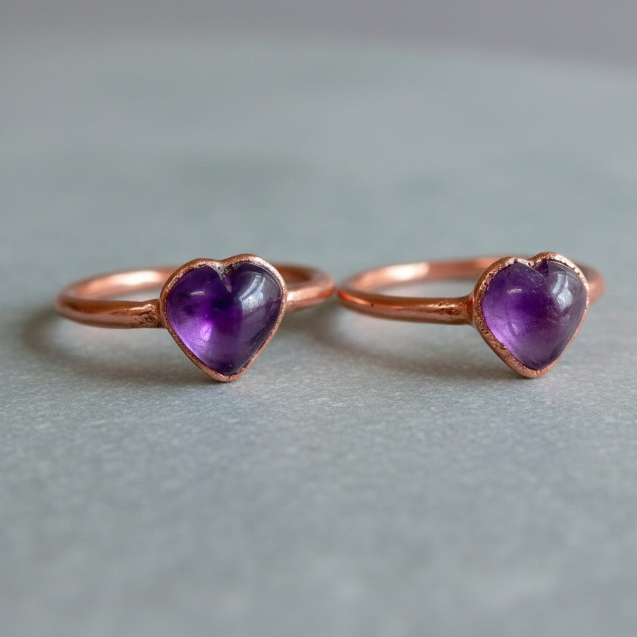 Heart Amethyst Ring — Handcrafted Copper Talisman for Calm, Clarity, and Focus