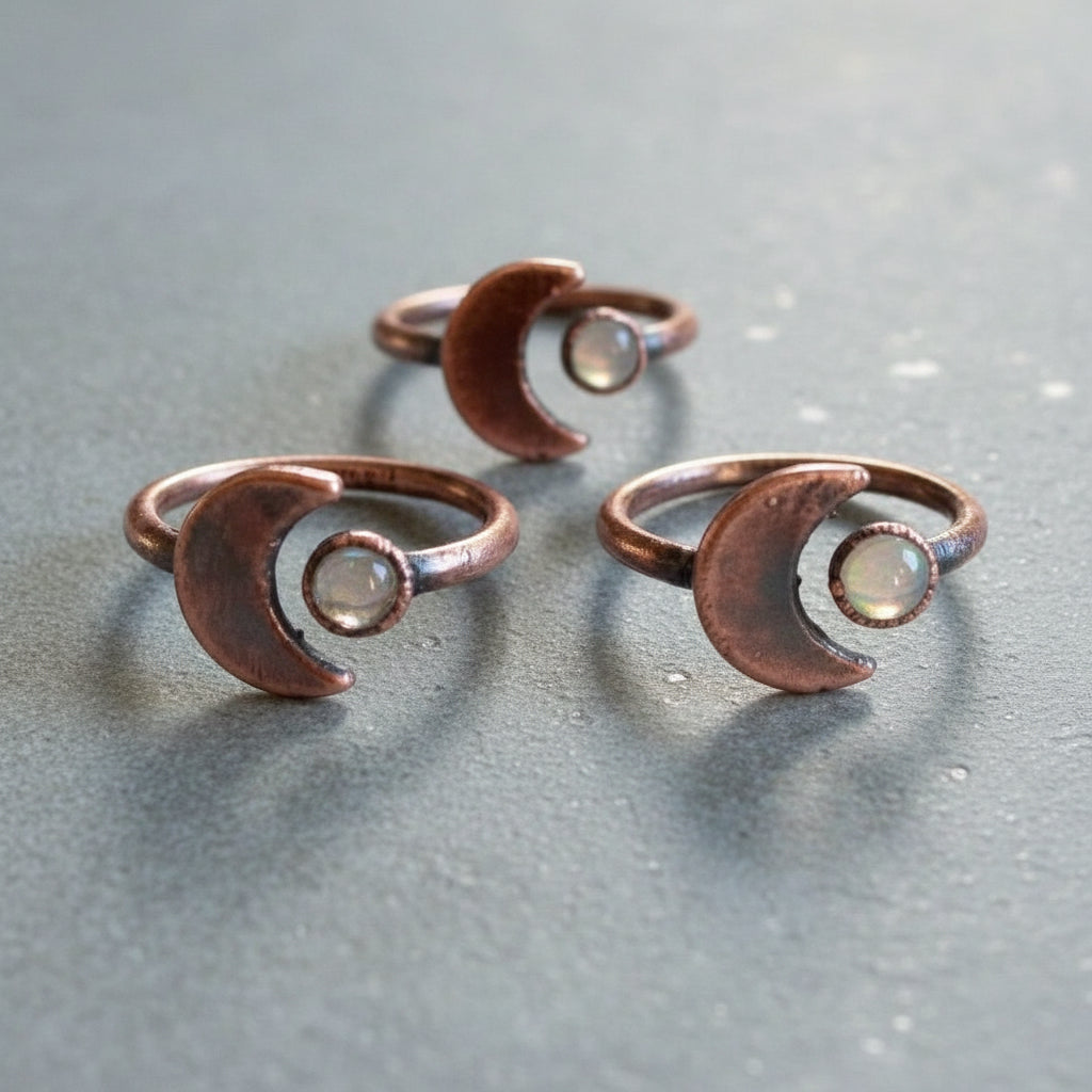Crescent Moon Moonstone Ring Handcrafted Copper Talisman for Calm