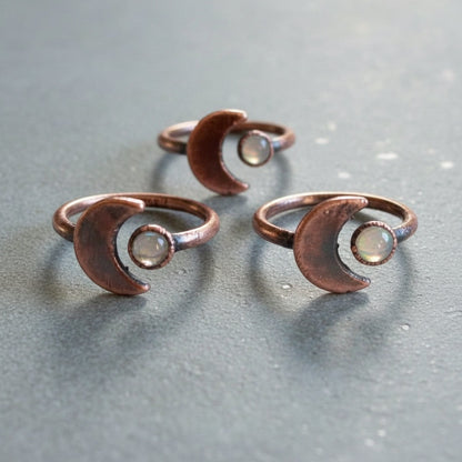 Crescent Moon Moonstone Ring Handcrafted Copper Talisman for Calm