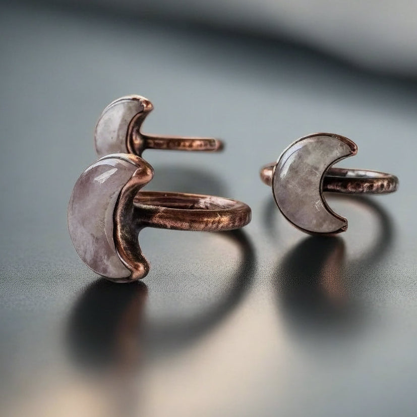Kunzite Crystal Crescent Moon Shard Ring — Handcrafted Copper Talisman