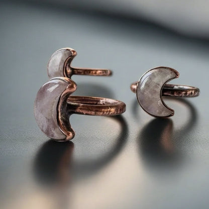 Kunzite Crystal Crescent Moon Shard Ring — Handcrafted Copper Talisman