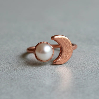 Crescent Moon Pearl Ring — Handcrafted Copper Crystal Jewelry for Calm