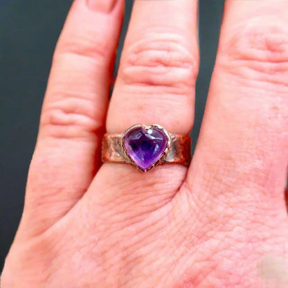 Heart Amethyst Ring - Handcrafted Copper Talisman for Calming Confidence
