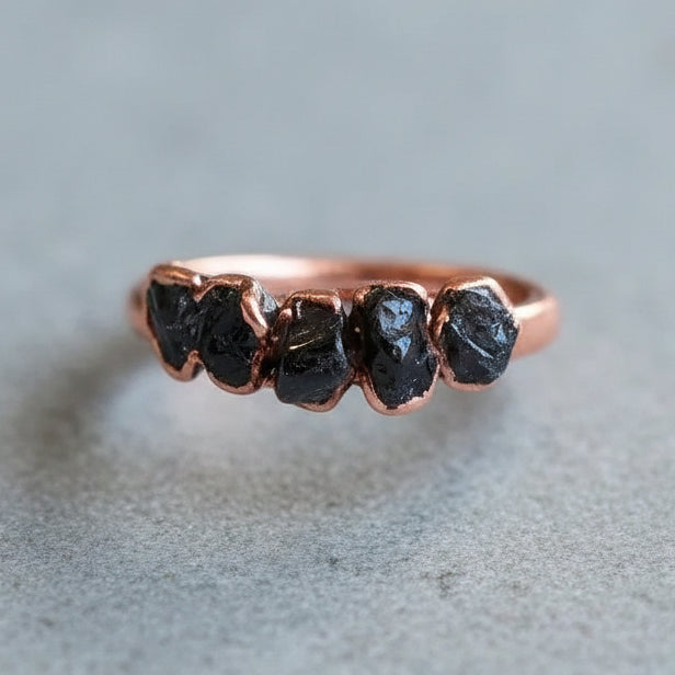 Black Tourmaline Multistone Ring — Handcrafted Copper Talisman for Grounding