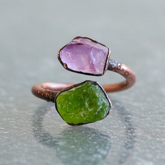 Peridot and Amethyst Ring Handcrafted Copper Talisman For Renewal