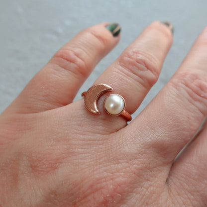 Crescent Moon Pearl Ring — Handcrafted Copper Crystal Jewelry for Calm