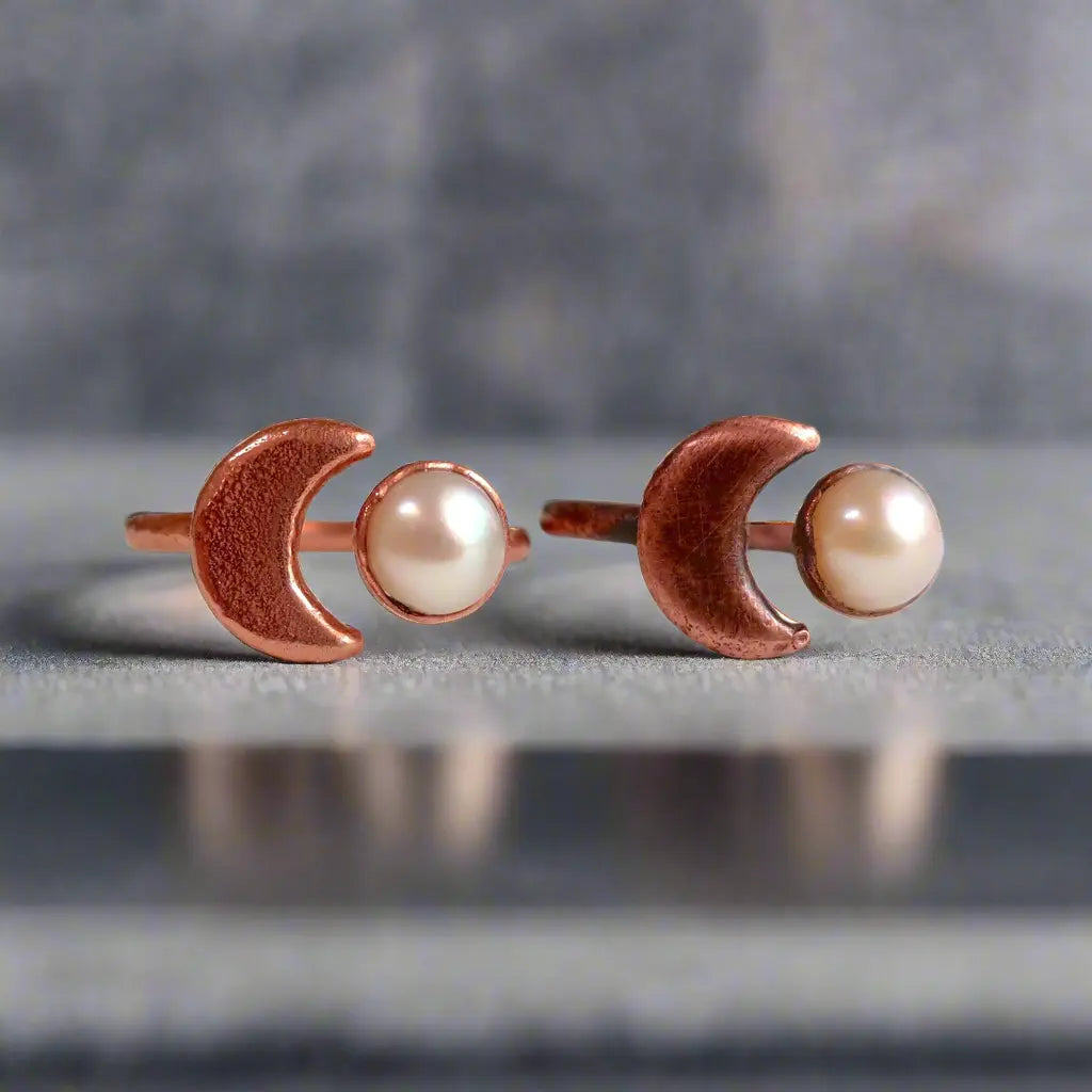Crescent Moon Pearl Ring — Handcrafted Copper Crystal Jewelry for Calm