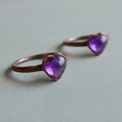 Heart Amethyst Ring — Handcrafted Copper Talisman for Calm, Clarity, and Focus