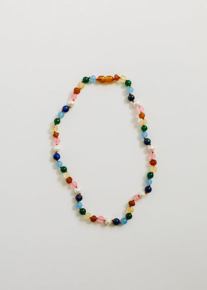 Raw Baltic Amber and Pearl Necklace + Sweet Pink Gemstones