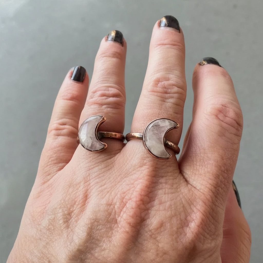 Kunzite Crystal Crescent Moon Shard Ring — Handcrafted Copper Talisman
