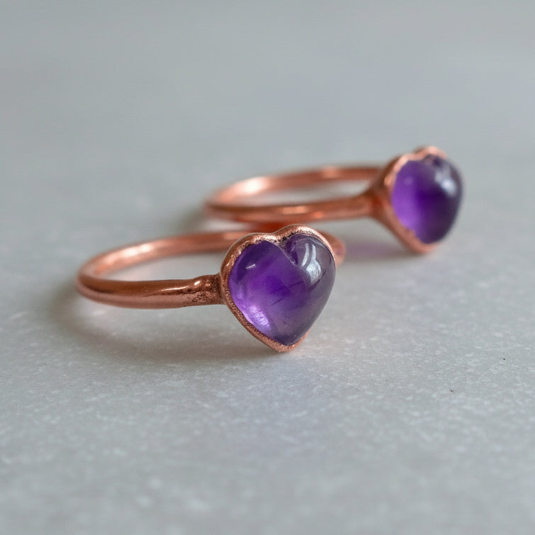 Heart Amethyst Ring — Handcrafted Copper Talisman for Calm, Clarity, and Focus
