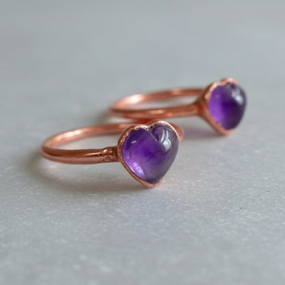 Heart Amethyst Ring — Handcrafted Copper Talisman for Calm, Clarity, and Focus