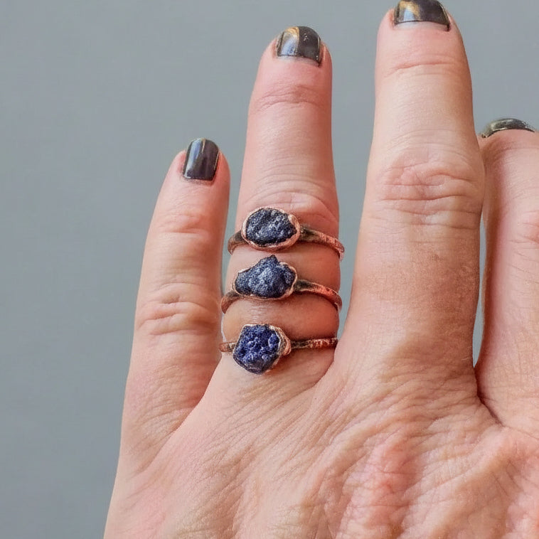 Raw Azurite Ring - Handcrafted Copper Talisman Jewelry for Daily Intuition