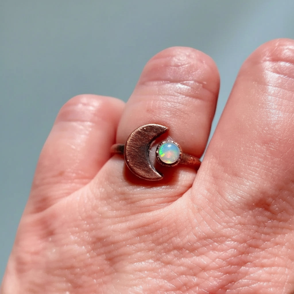 Crescent Moon Opal Ring — Handcrafted Copper Talisman For Emotional Balance