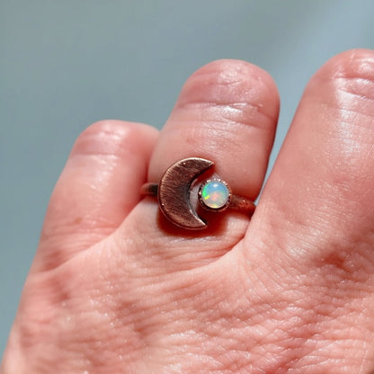 Crescent Moon Opal Ring — Handcrafted Copper Talisman For Emotional Balance