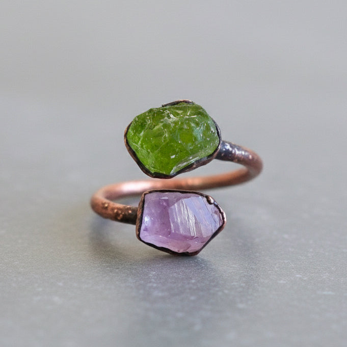 Peridot and Amethyst Ring Handcrafted Copper Talisman For Renewal
