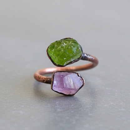 Peridot and Amethyst Ring Handcrafted Copper Talisman For Renewal