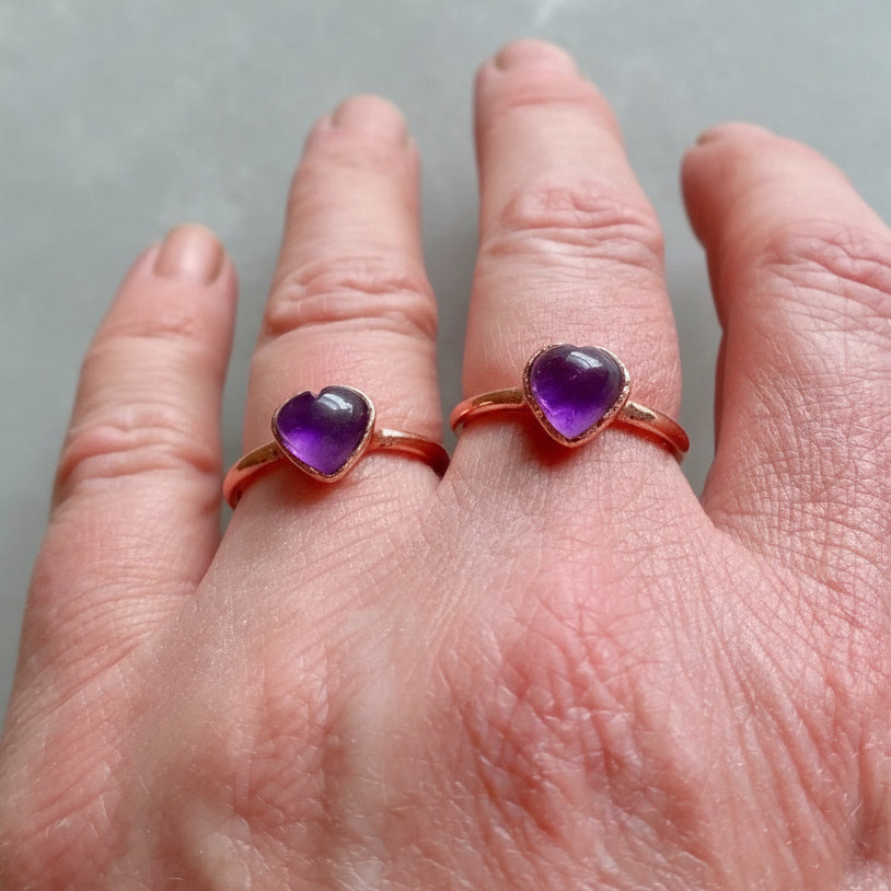 Heart Amethyst Ring — Handcrafted Copper Talisman for Calm, Clarity, and Focus