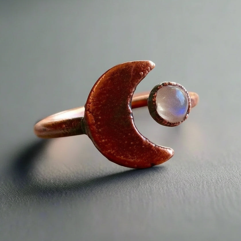 Crescent Moon Moonstone Ring Handcrafted Copper Talisman for Calm