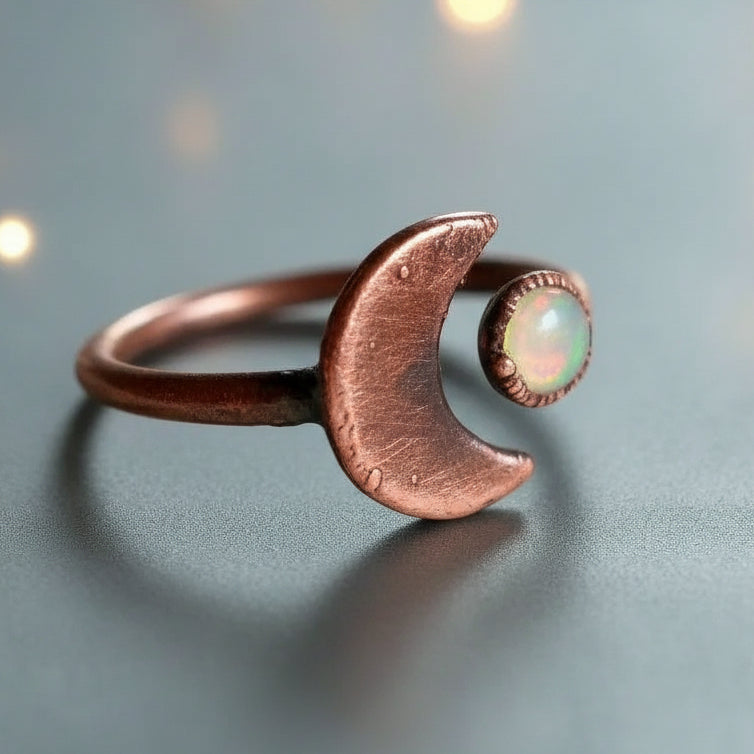 Crescent Moon Opal Ring — Handcrafted Copper Talisman For Emotional Balance