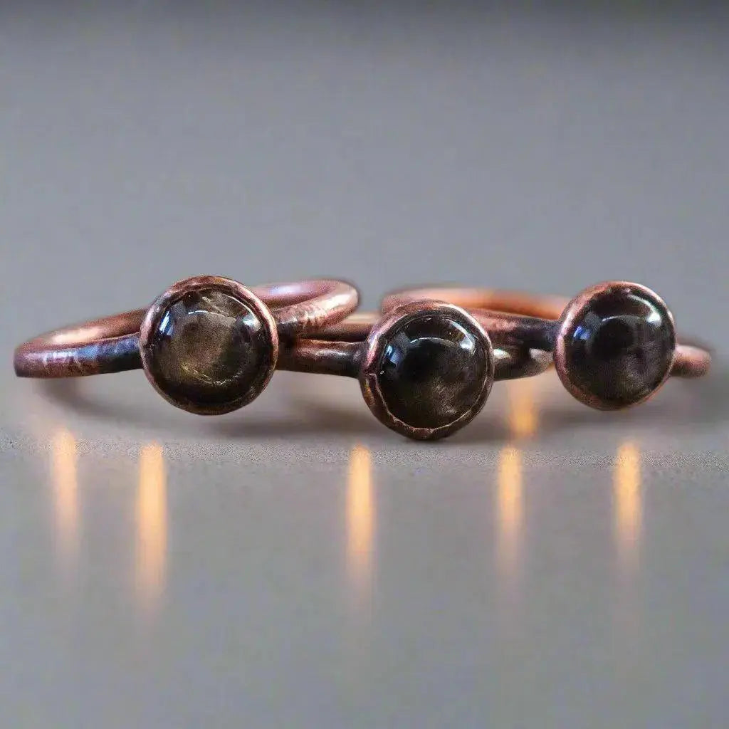 Black Moonstone Ring — Handcrafted Polished Copper Talisman for Intuition