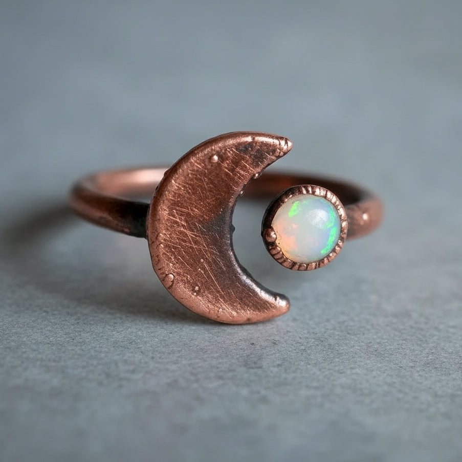 Crescent Moon Opal Ring — Handcrafted Copper Talisman For Emotional Balance